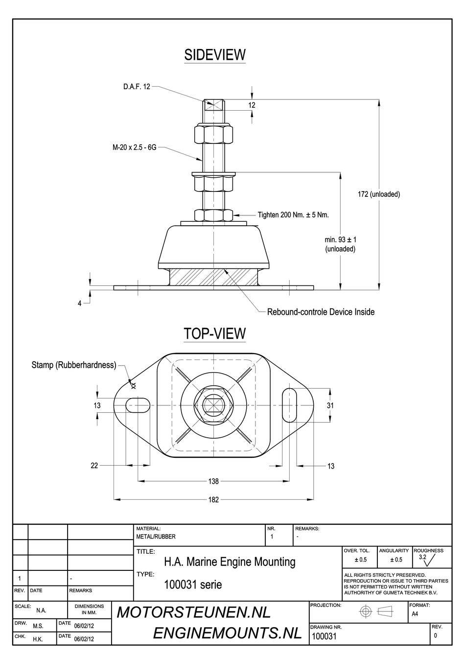 Marine Mount Motorsteun type IM-600 - 65 shore - M20 stift - max. 425 kg