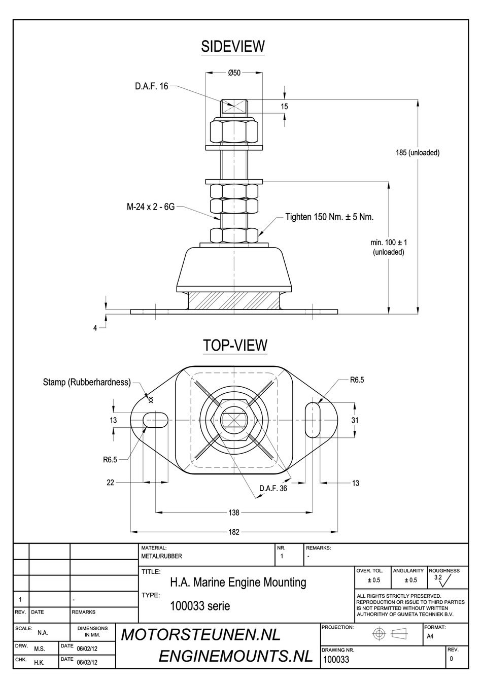 Marine Mount Motorsteun type IM-600 - 65 shore - M24 stift - max. 425 kg