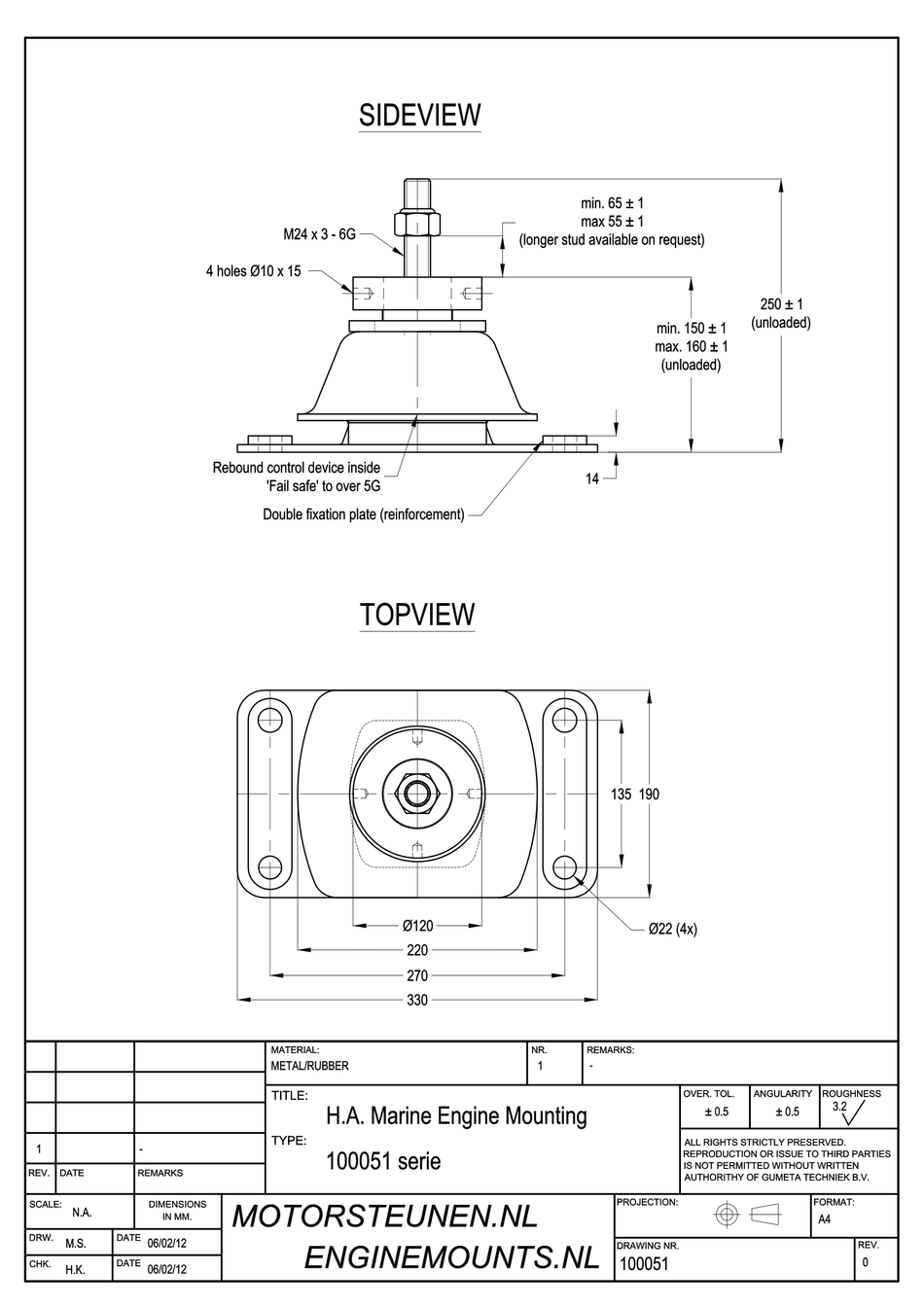 Marine Mount Motorsteun type 1841 - 50 shore - fijnverstelling - max. 1200 kg